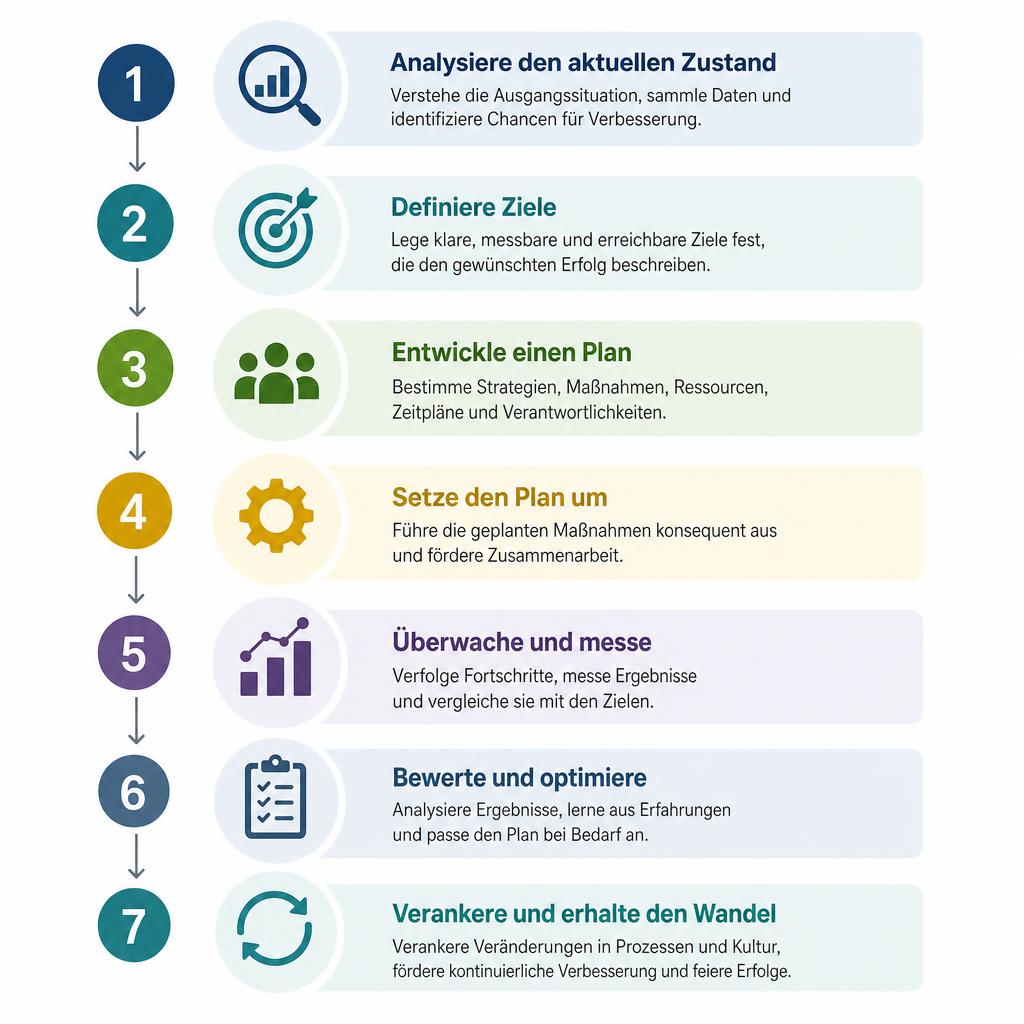 Infografik mit 7 aufeinander aufbauenden Schritten für ein erfolgreiches Change Management Projekt.