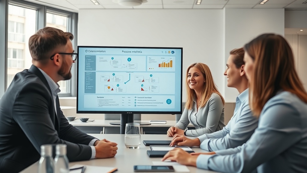 Team in Schweizer Unternehmen nutzt digitale Prozessdashboard zur Optimierung