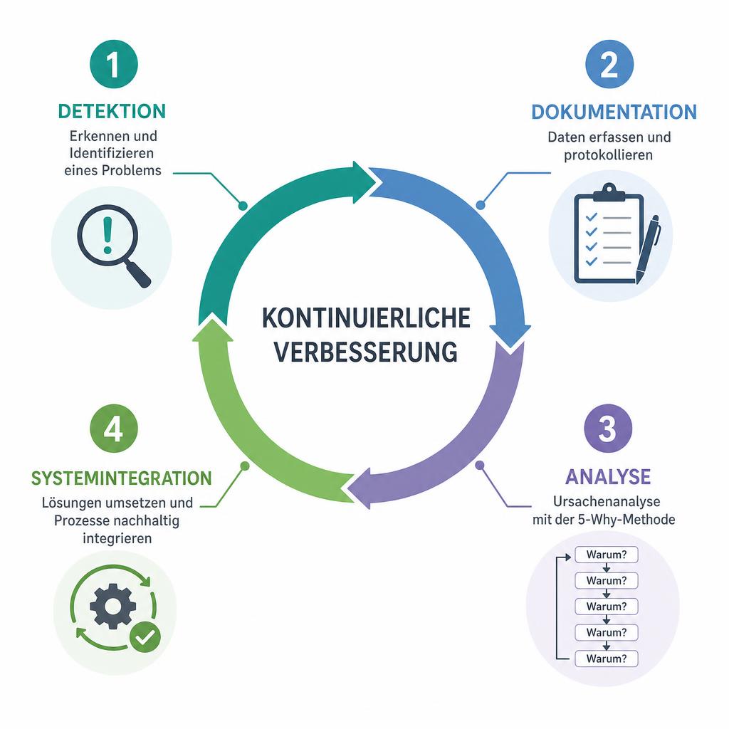Infografik des Optimierungszyklus: Erkennen, Dokumentieren, Analysieren und Systemisch lösen.