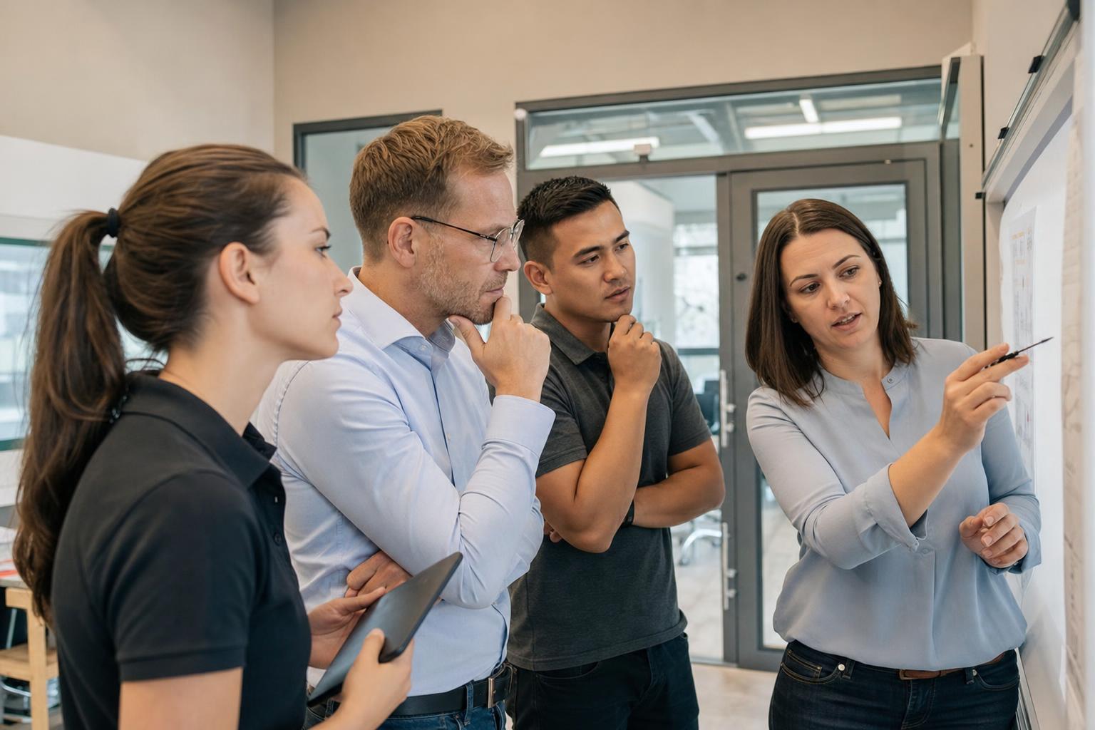 Team aus Produktion und Management bespricht gemeinsam Optimierungsschritte vor Ort.