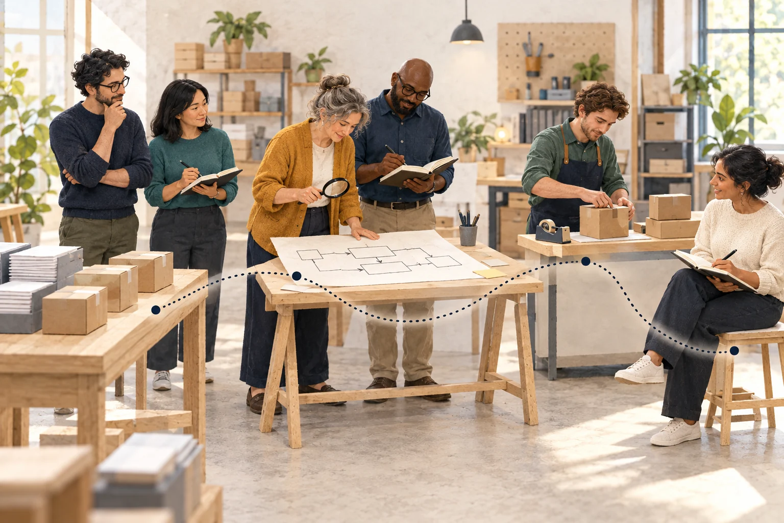 Illustration: Ein Team prüft an einem Werktisch gemeinsam ein Ablaufdiagramm, eine gepunktete Linie verbindet die Arbeitsplätze.